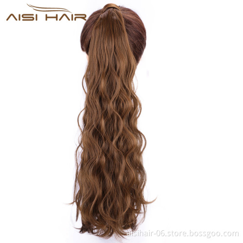 Aisi Hair Heat Resistant Synthetic Fiber Ponytail Hair Extensions Brown Long Wavy Pony Tail Clips In Hairpieces